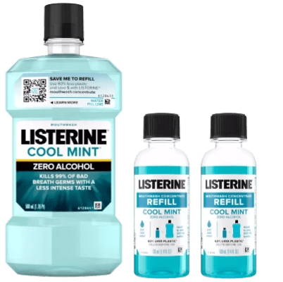 Botella de enjuague bucal Listerine® Cool Mint® Zero Alcohol y botella de enjuague bucal concentrado Listerine®