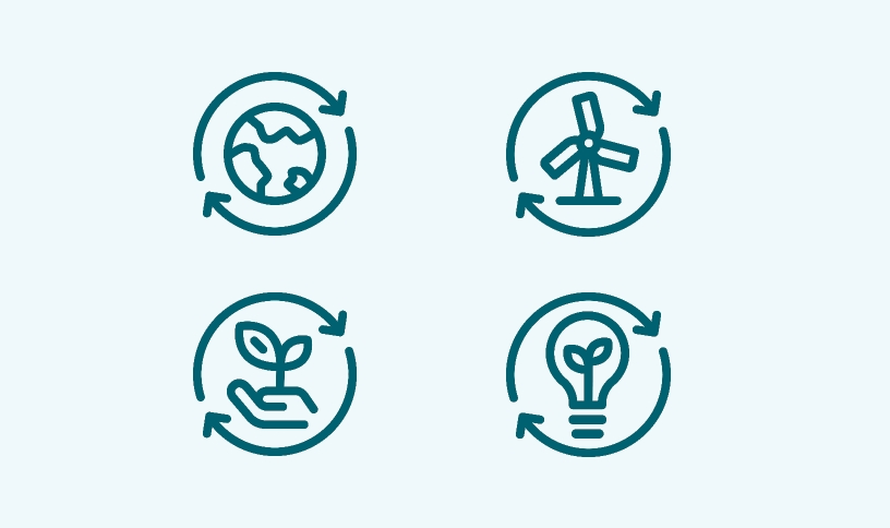Logotipos de un planeta, una turbina eólica, una mano sosteniendo una planta y una lámpara