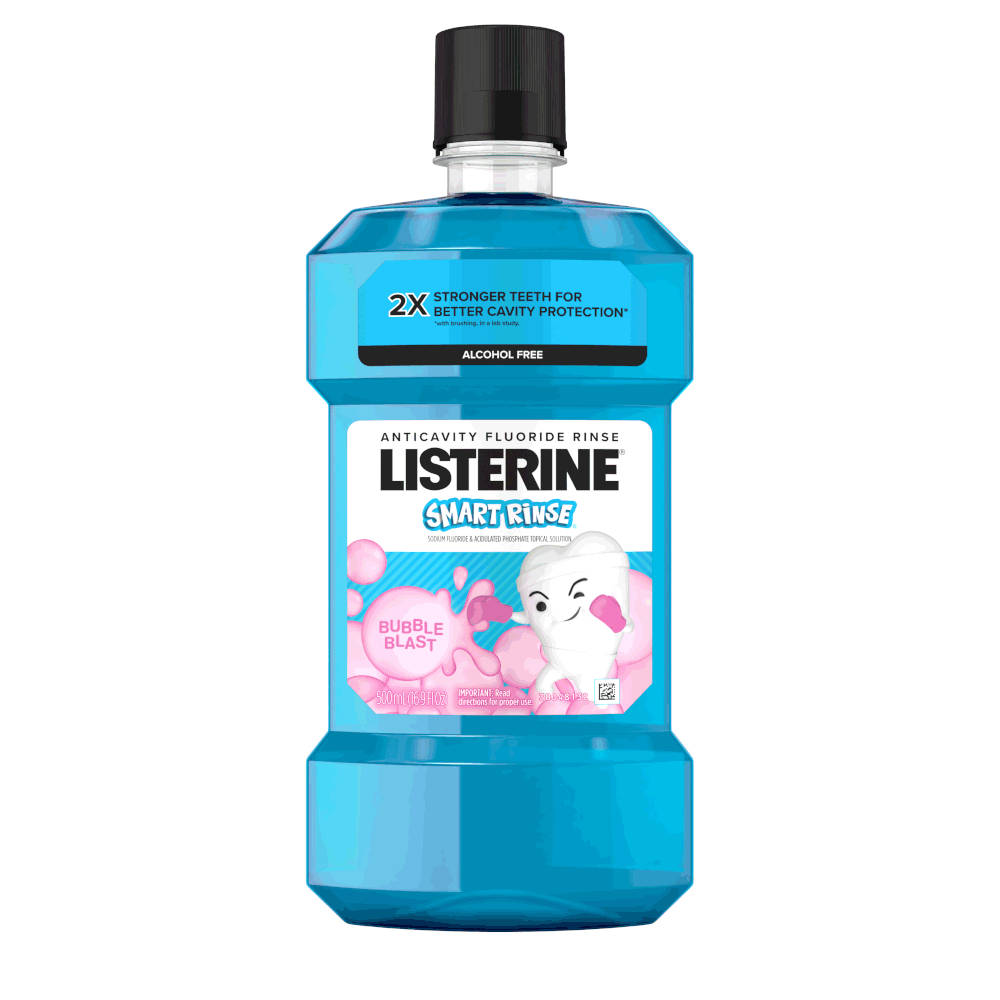 Frente del enjuague bucal Listerine Smart Rinse sabor Bubble Blast