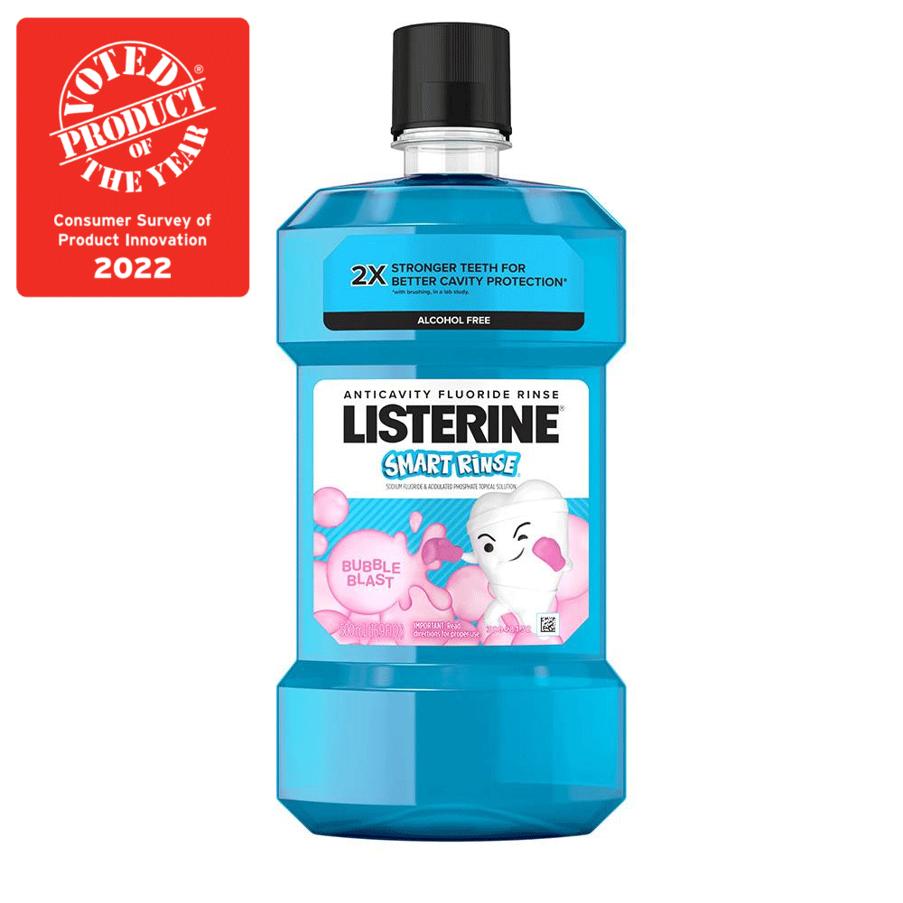 Frente del enjuague bucal Listerine Smart Rinse sabor Bubble Blast