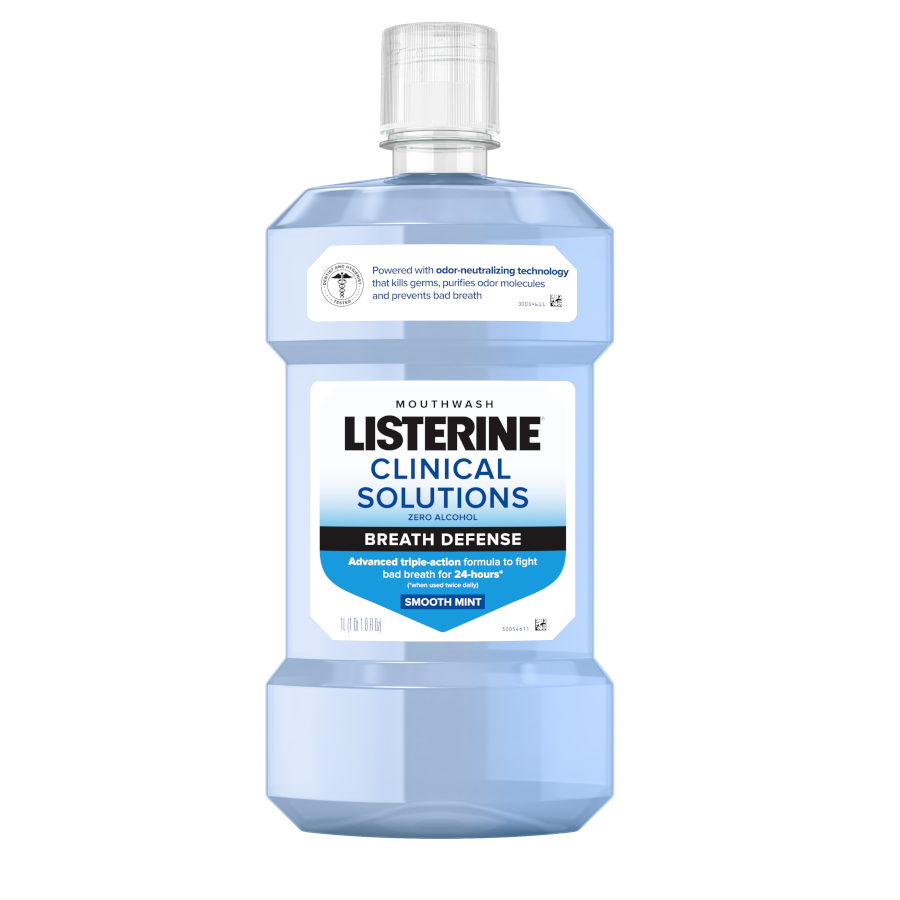 Frente del frasco de enjuague bucal Listerine Clinical Solutions Breath Defense