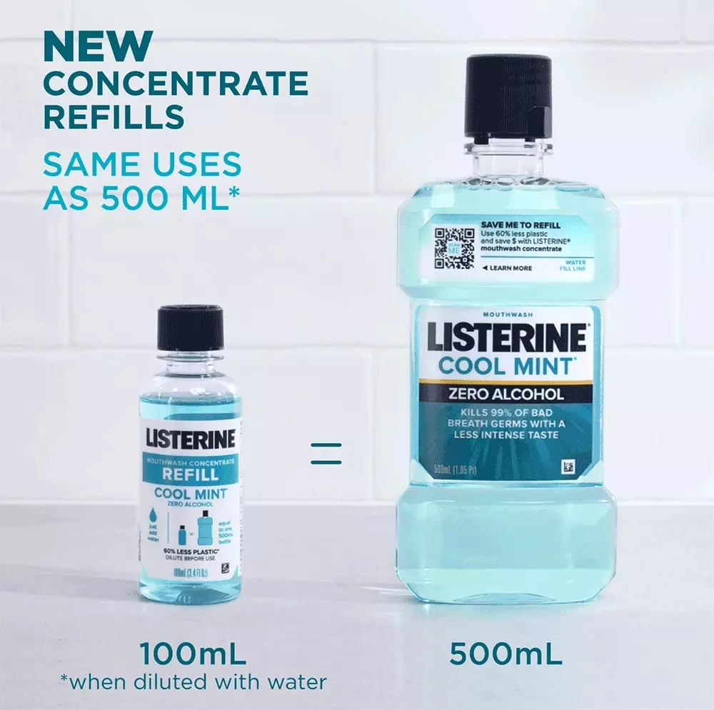 Nuevos repuestos del concentrado de Listerine, con la misma cantidad de uso que la botella de 500 ml de enjuague bucal.