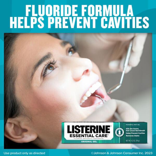 Listerine Essential Care Gel Toothpaste con fórmula con flúor ayuda a evitar caries