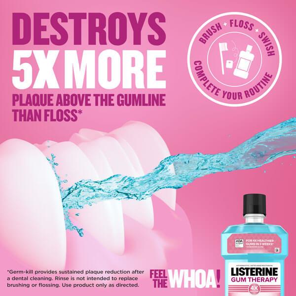 Listerine Gum Therapy elimina 5 veces más placa por encima de las encías que el hilo dental