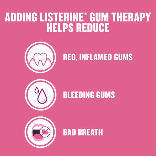 Agregar Listerine Gum Therapy ayuda a reducir el enrojecimiento, la inflamación y el sangrado de las encías, así como el mal aliento